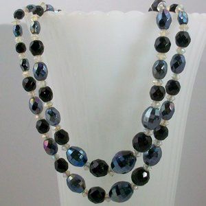 Vintage Double Strand Mid Century Modern Black Iridescent AB Glass Bead Necklace